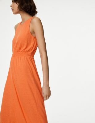 M&S Womens Linen Rich Jersey Round Neck Midi Waisted Dress - 8PET - Orange, Orange,Iris