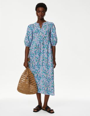 M&S Womens Pure Cotton Floral Midi Smock Dress - 6REG - Multi, Multi