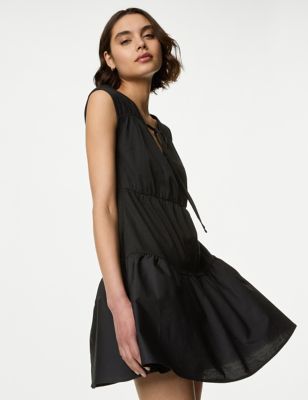 M&S Womens Pure Cotton Tie Neck Mini Tiered Dress - 6REG - Black, Black,Oxblood