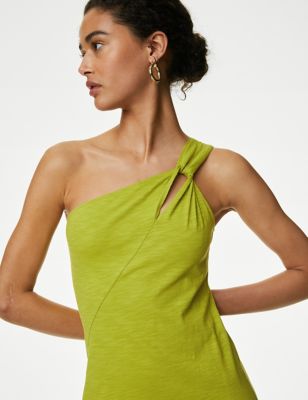 M&S Womens Pure Cotton One Shoulder Midi Relaxed Dress - 20LNG - Winter Lime, Winter Lime,Poppy,Blac