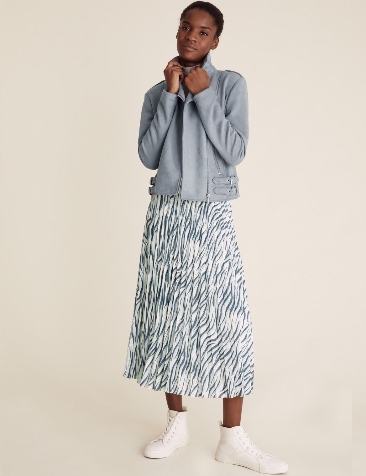 Animal Print Pleated Midi A-Line Skirt blue