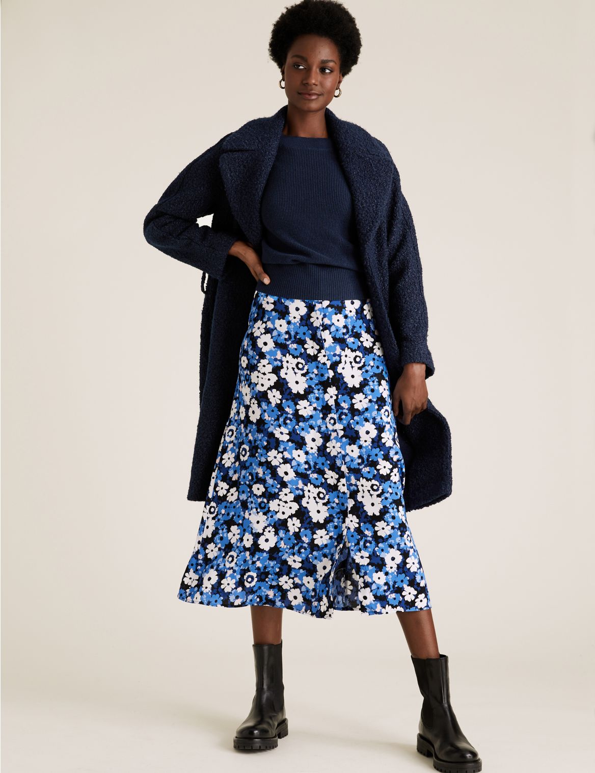 Floral Midi A-Line Skirt blue