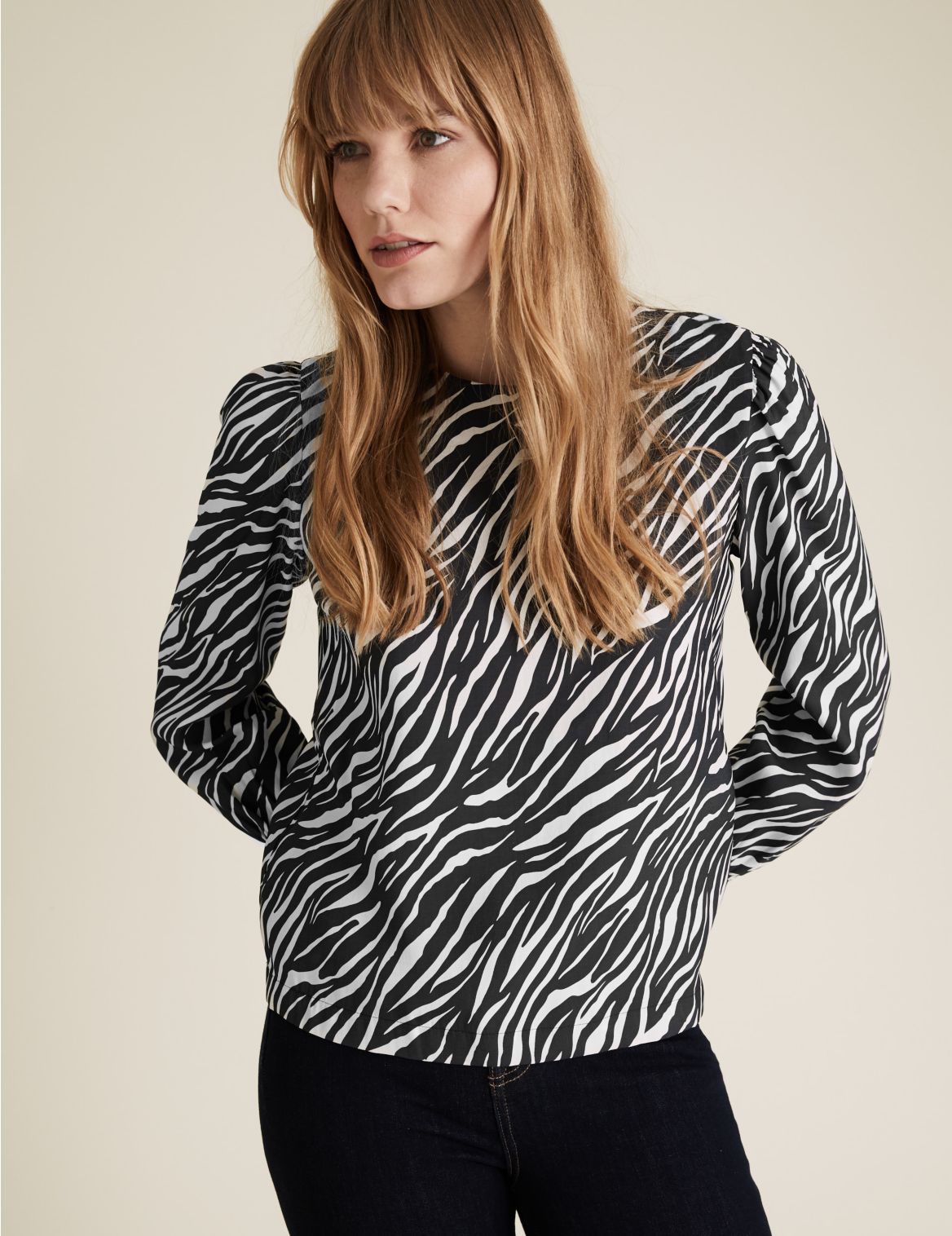 Zebra Print Round Neck Long Sleeve Blouse black