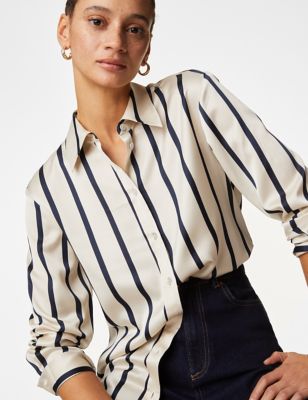 M&S Womens Satin Striped Collared Button Through Shirt - 12REG - Navy Mix, Navy Mix