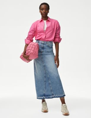 M&S Womens Pure Cotton Collared Oversized Shirt - 16PET - Medium Pink, Medium Pink,Ecru