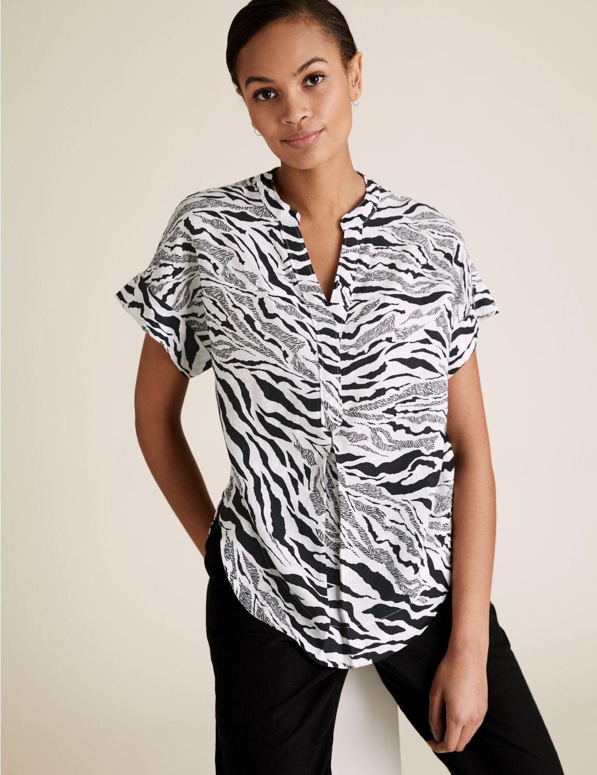Pure Linen Zebra Print Short Sleeve Blouse black