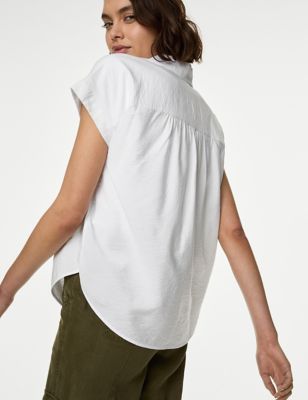 M&S Womens Collared Cap Sleeve Shirt - 24REG - Soft Spice, Soft Spice,Soft White
