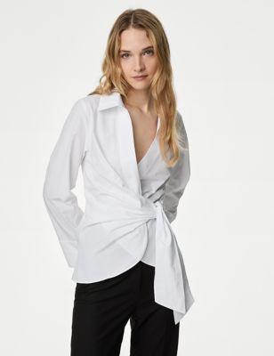 M&S Womens Pure Cotton Tie Front Shirt - 18REG - White, White