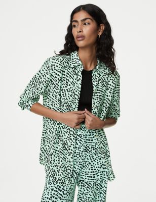 M&S Womens Printed Collared Blouse - 24REG - Green Mix, Green Mix,Ivory Mix