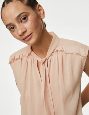 M&S Womens Sheer Tie Neck Frill Detail Blouse - 18REG - Blush, Blush