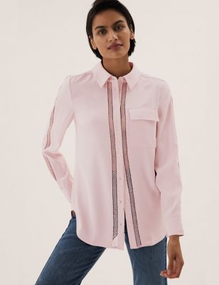 M&S Womens Lace Insert Collared Long Sleeve Shirt