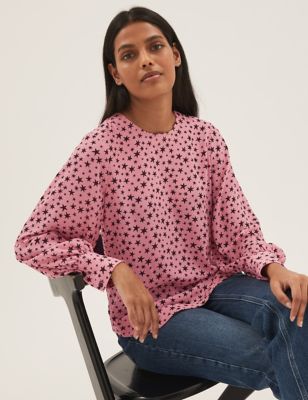 M&S Womens Star Print Round Neck Long Sleeve Blouse