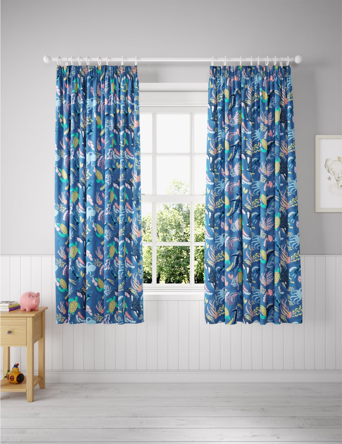 Glow in the Dark Under the Sea Blackout Kids Curtains blue