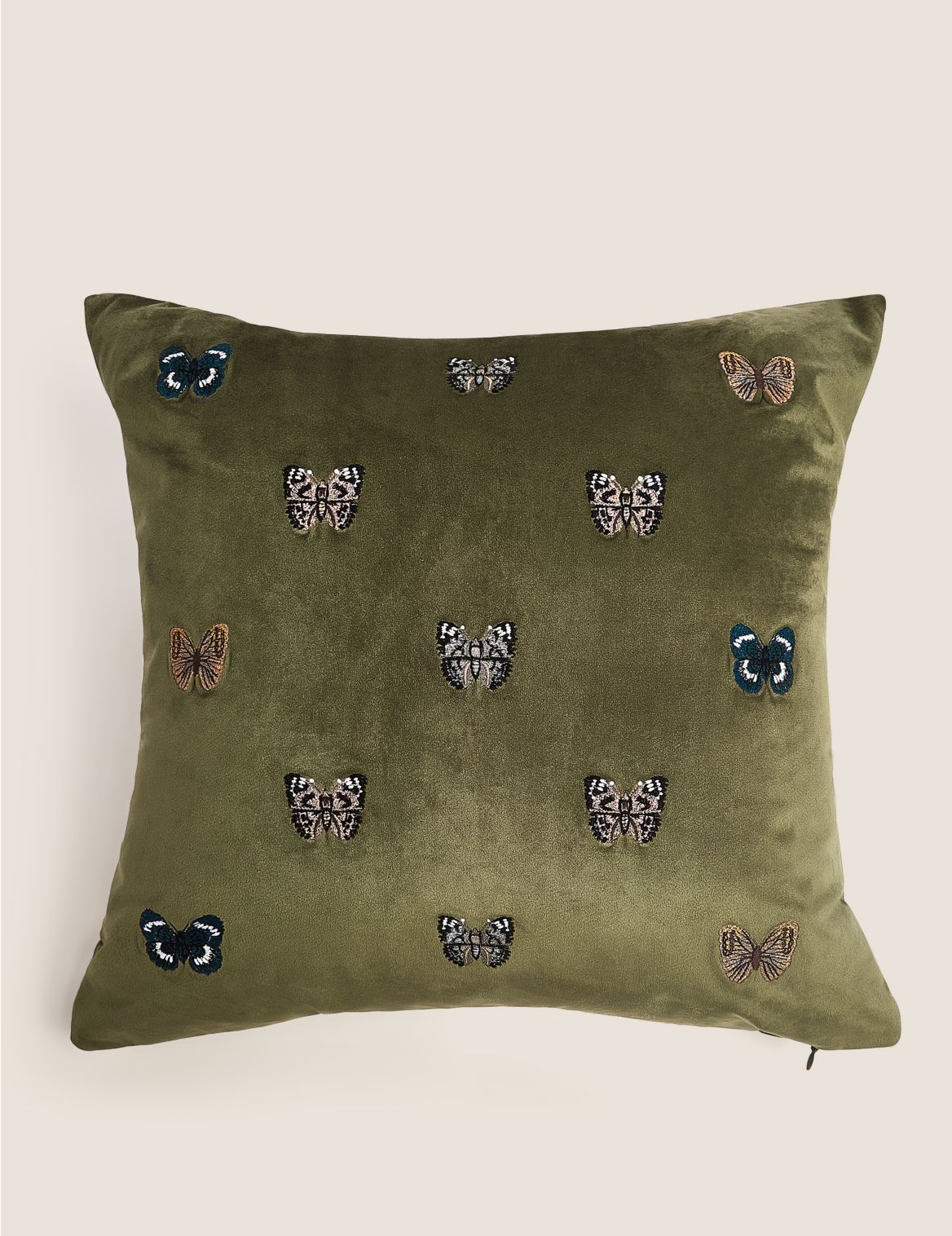 Embroidered Velvet Butterfly Medium Cushion green