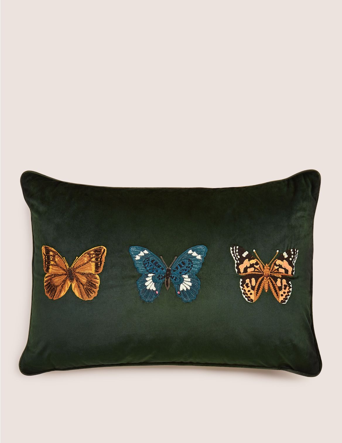 Velvet Butterfly Embroidered Cushion green
