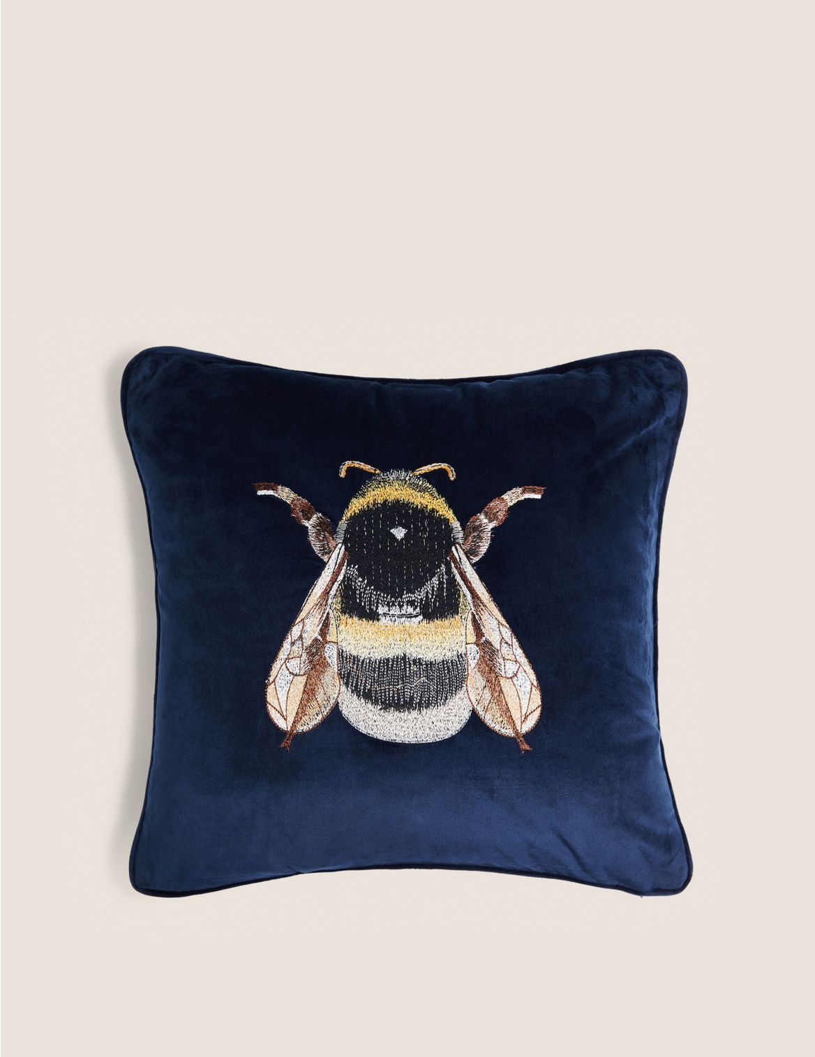Velvet Embroidered Bee Cushion navy