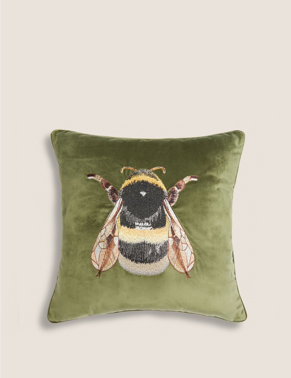Velvet Embroidered Bee Cushion green