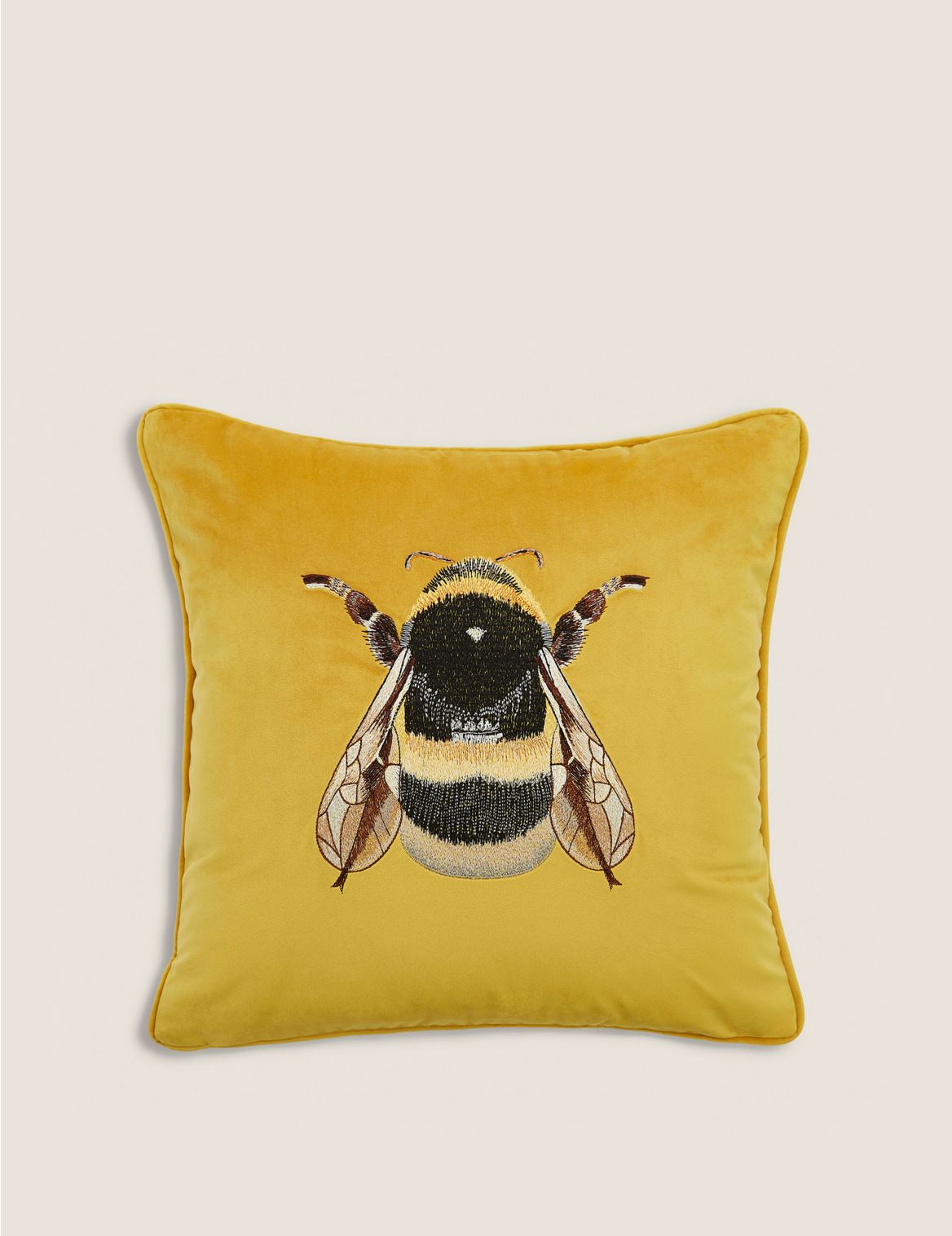 Velvet Embroidered Bee Cushion yellow