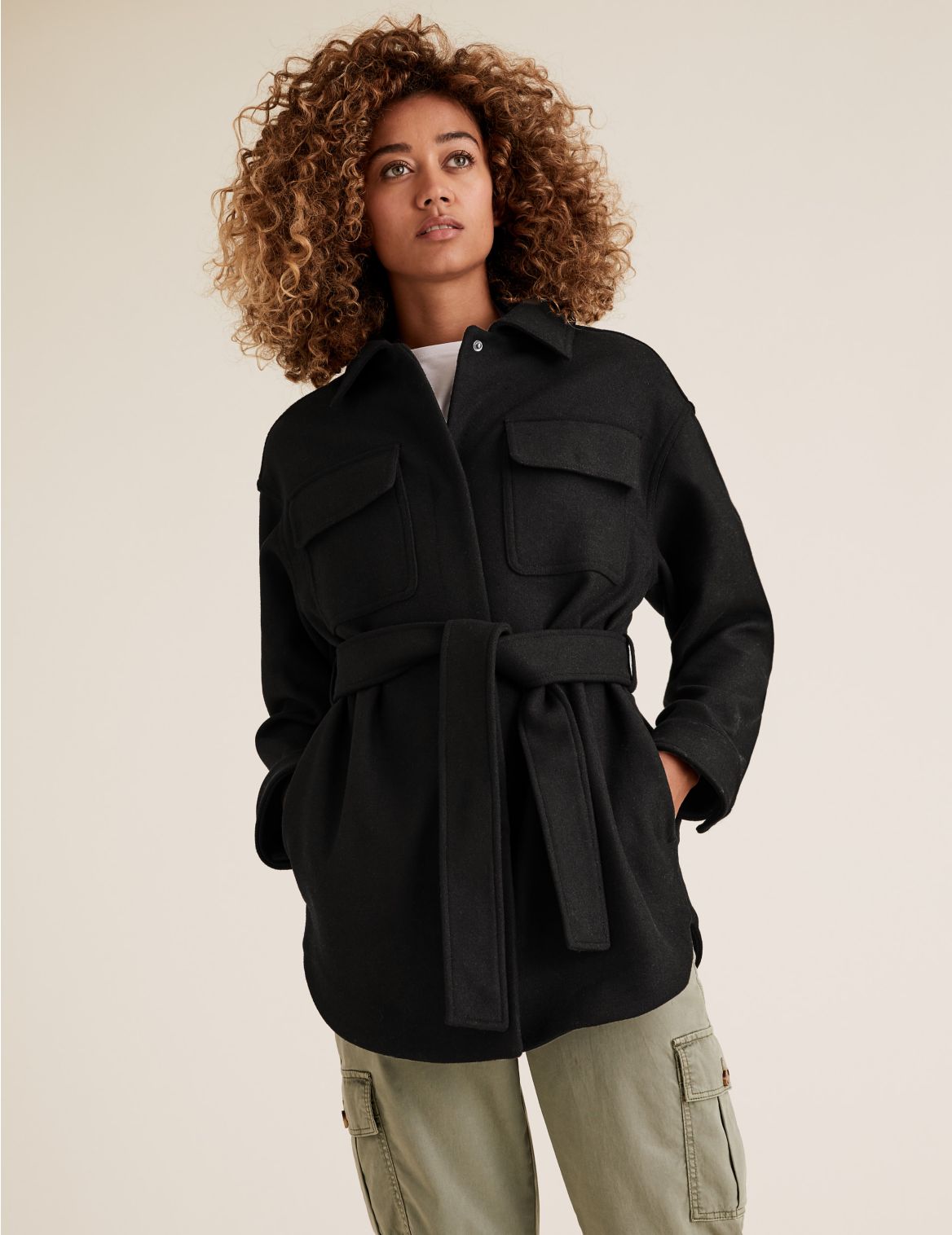 Belted Utility Jacket with Wool black