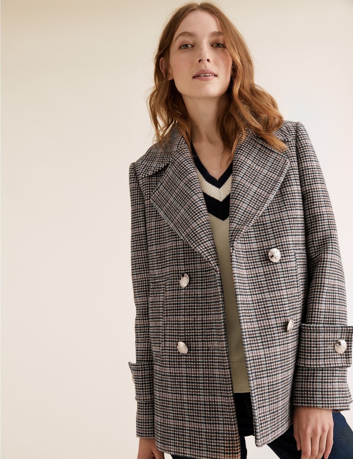Checked Pea Coat with Wool beige