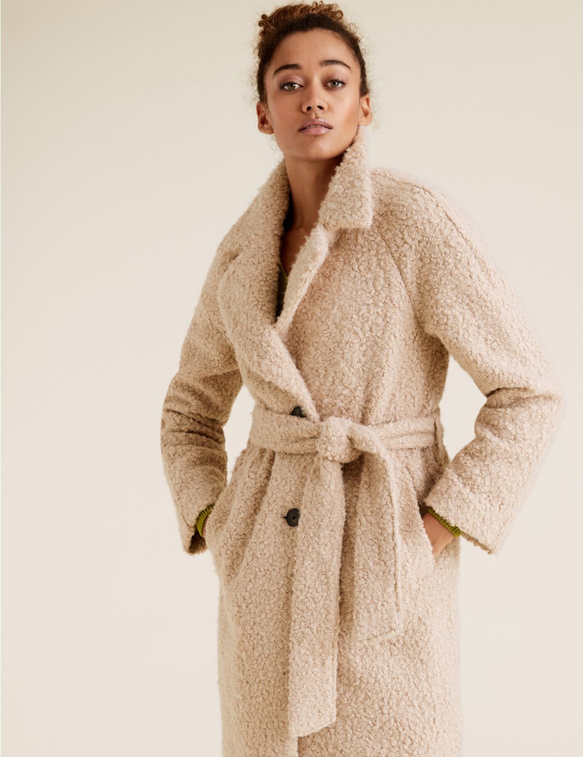 Textured Belted Single Breasted Coat beige