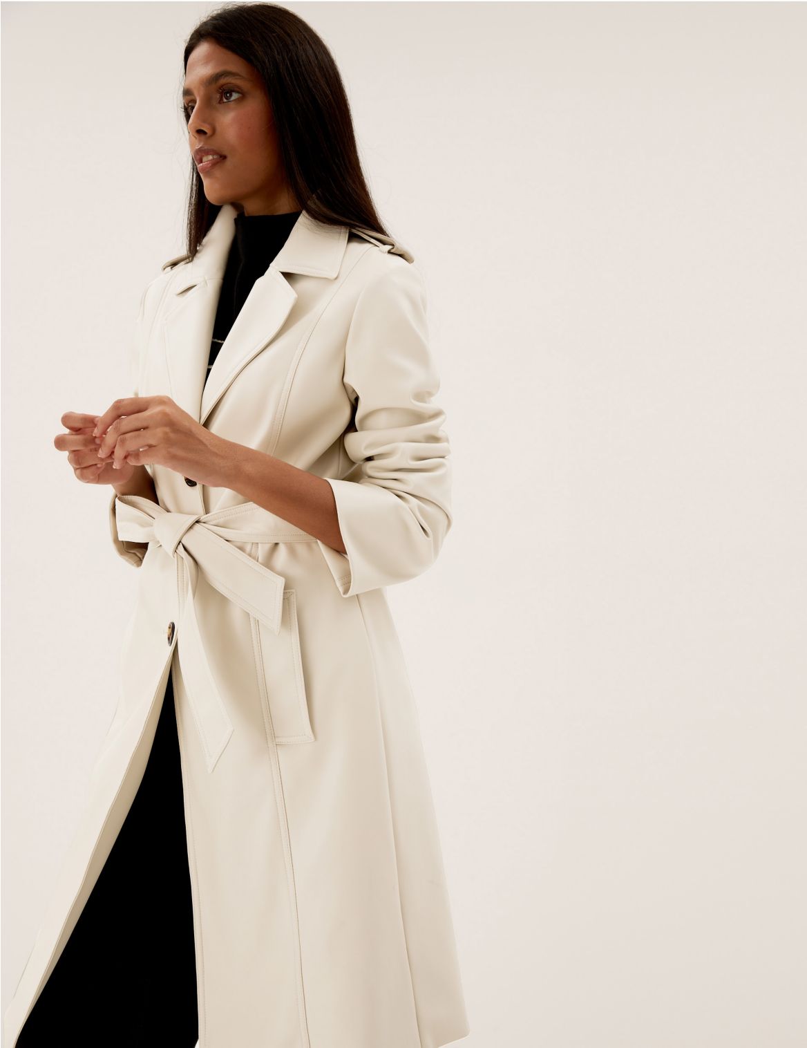 Faux Leather Belted Trench Coat cream