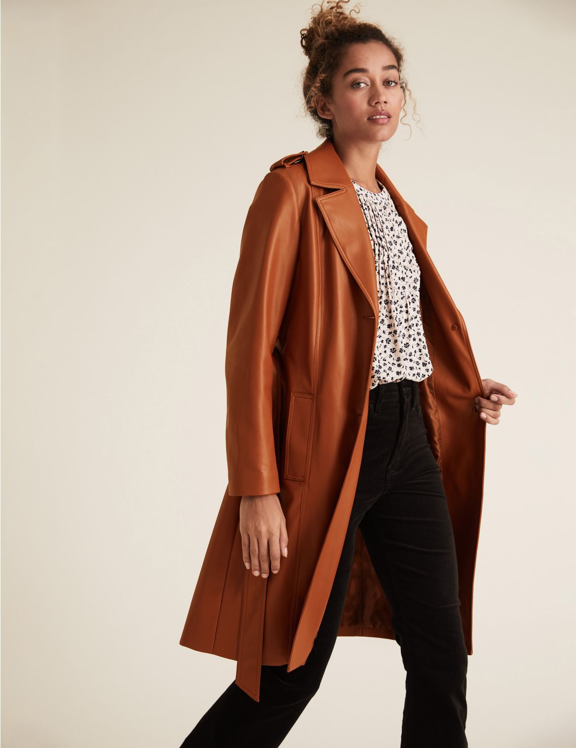 Faux Leather Belted Trench Coat brown