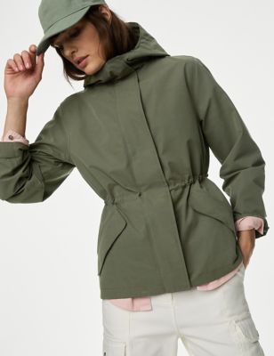 M&S Womens Stormweartm Hooded Rain Jacket with Cotton - 6 - Hunter Green, Hunter Green,Buff