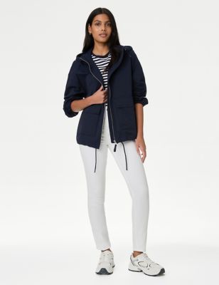 M&S Womens Cotton Rich Hooded Cropped Rain Jacket - S - Midnight Navy, Midnight Navy,Light Natural