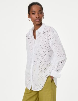 Autograph Womens Pure Cotton Embroidered Collared Shirt - 24 - Soft White, Soft White