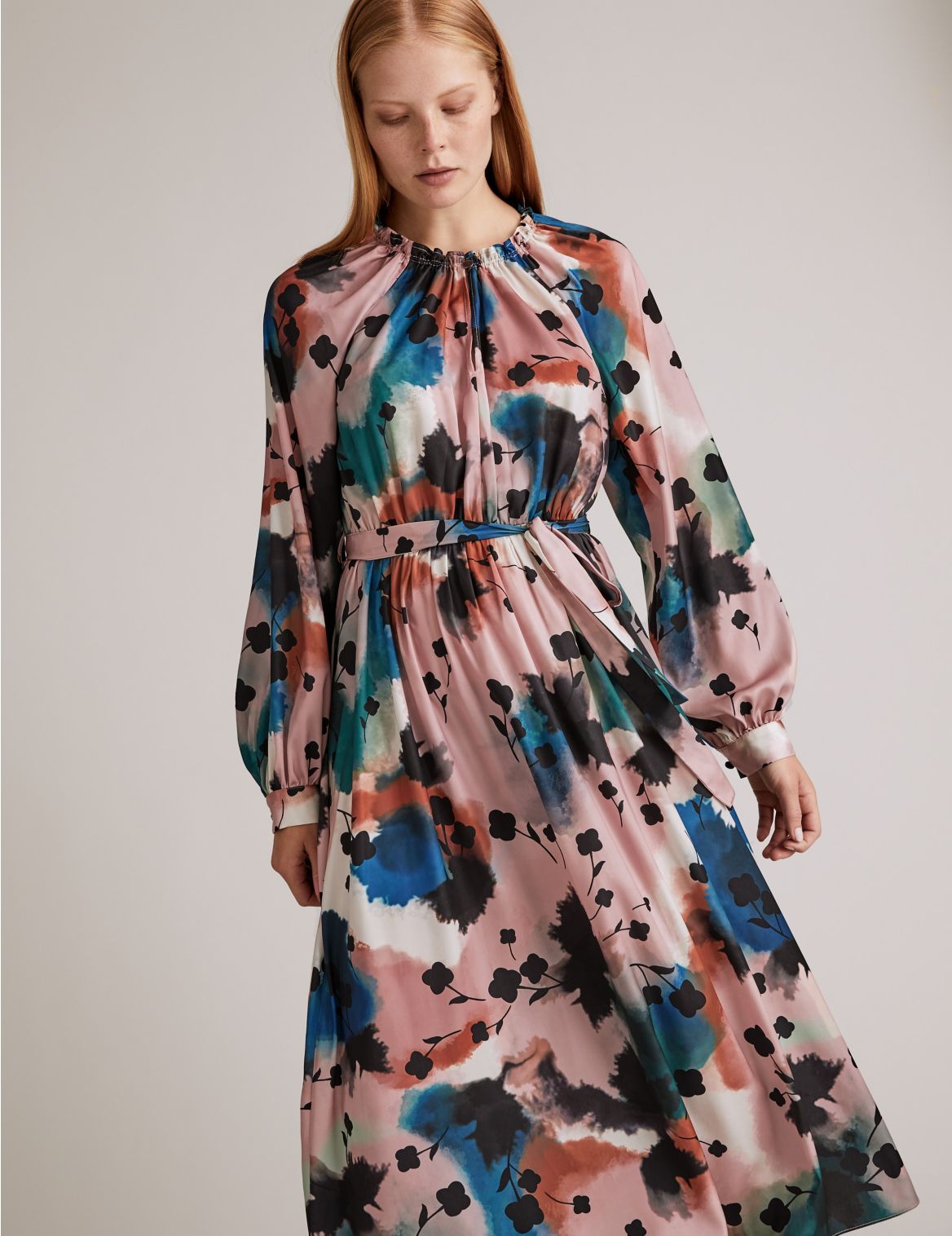 Abstract Floral Midaxi Waisted Dress orange
