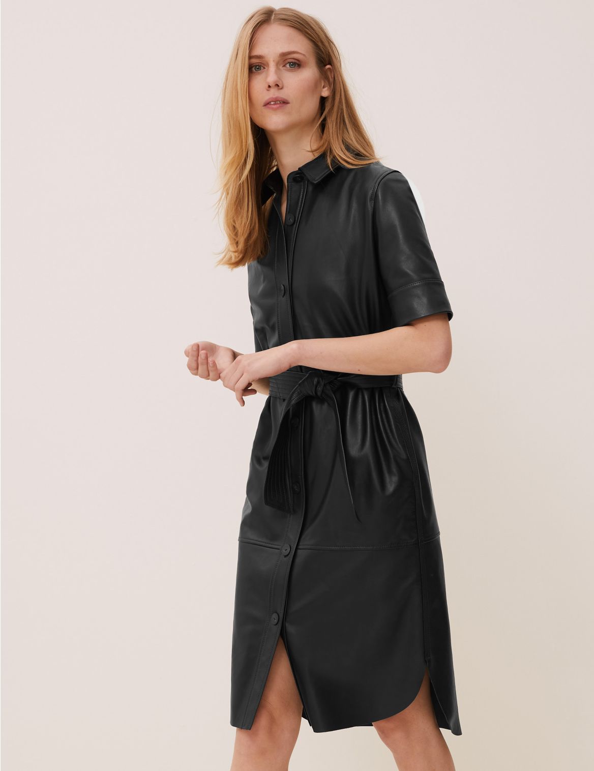 Leather Belted Midi Shirt Dress black