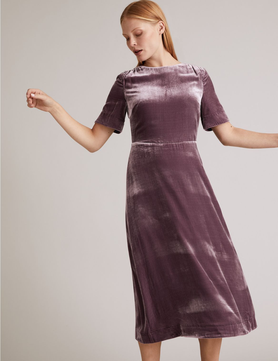 Velvet Midi Waisted Dress with Silk purple