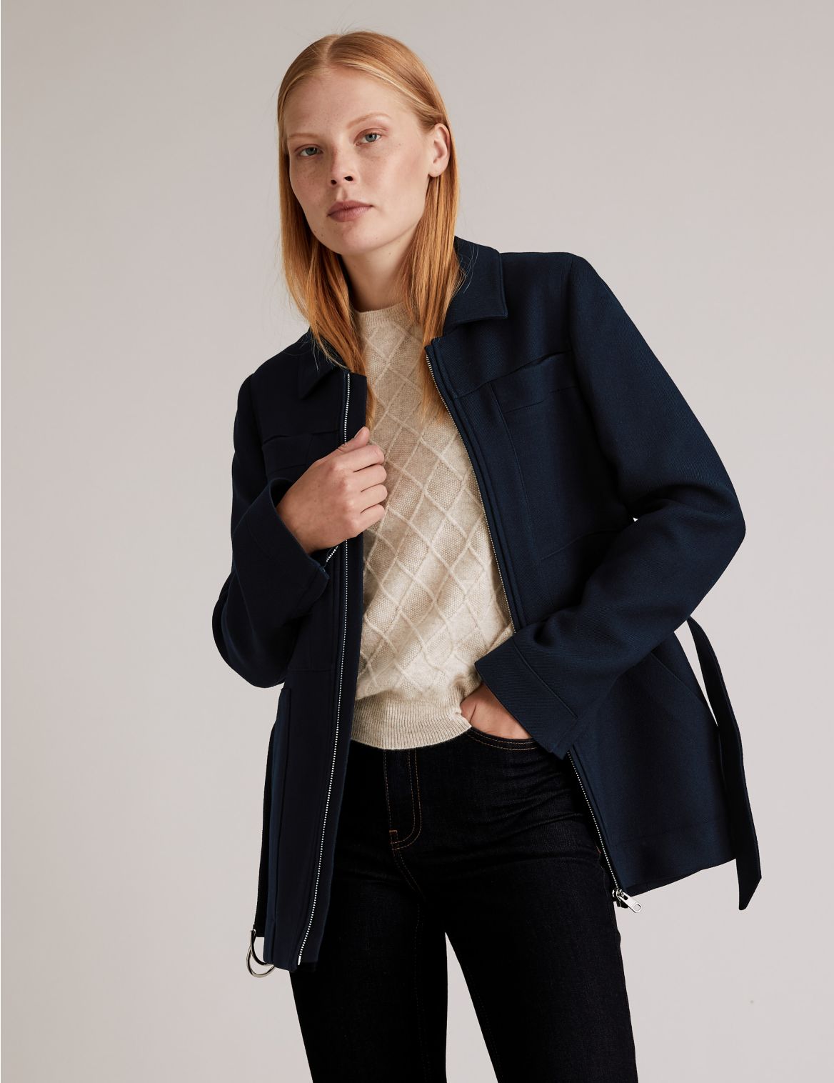Belted Utility Jacket with Wool navy
