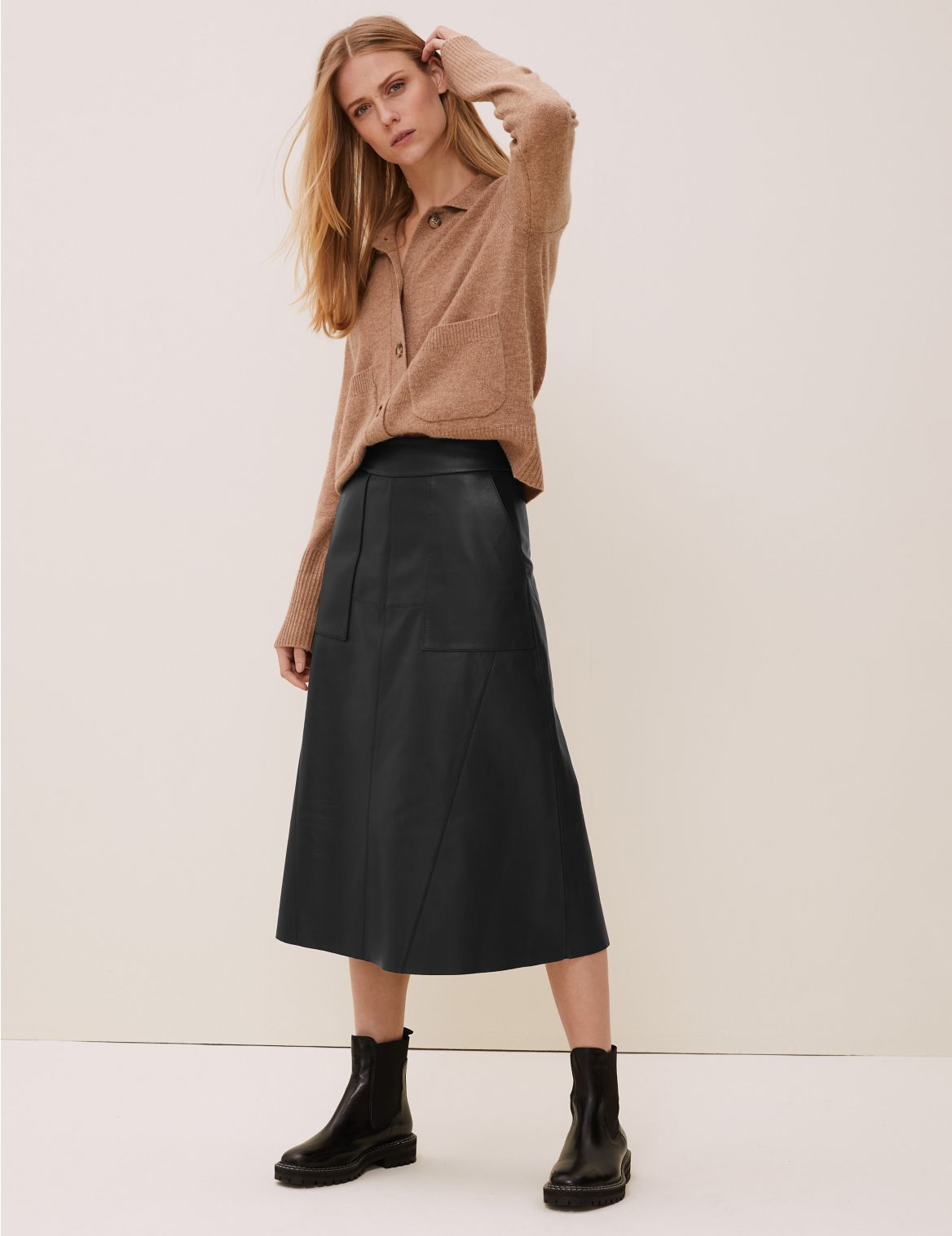 Leather Midi A-Line Skirt black