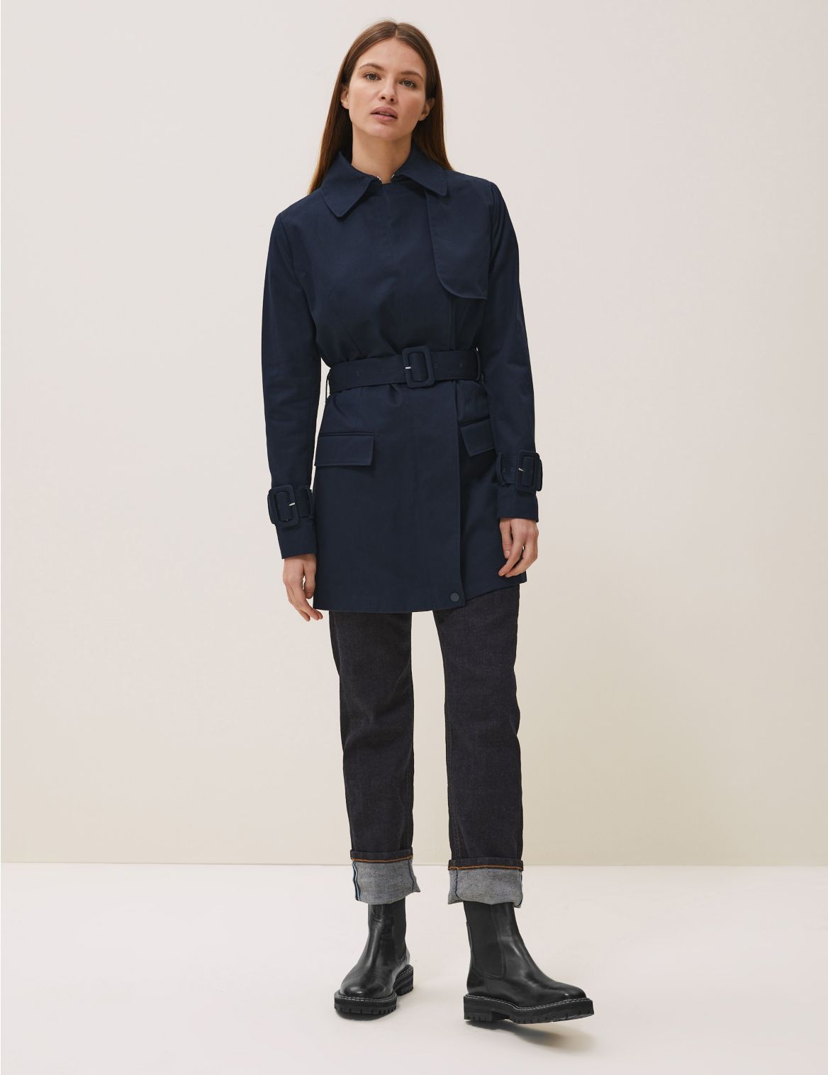 Premium Cotton Belted Trench Coat navy