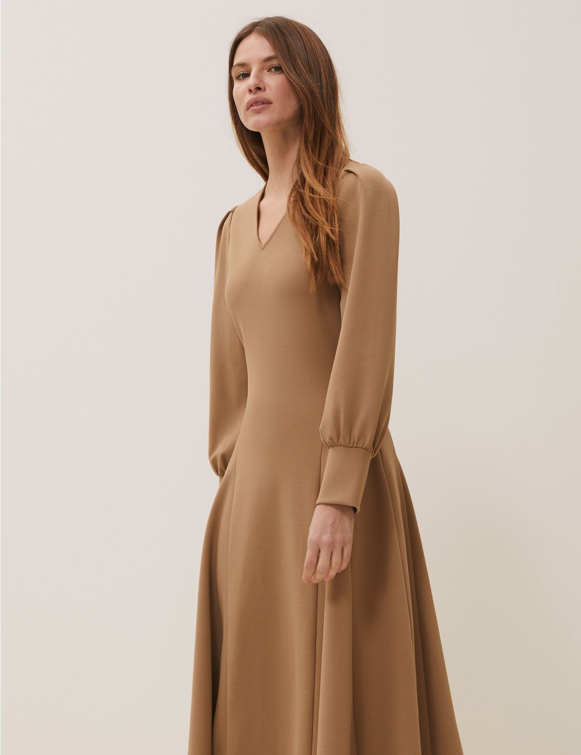 Jersey V-Neck Midi Fit & Flare Dress brown