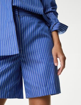Autograph Womens Pure Cotton Striped Tailored Shorts - 10 - Blue Mix, Blue Mix