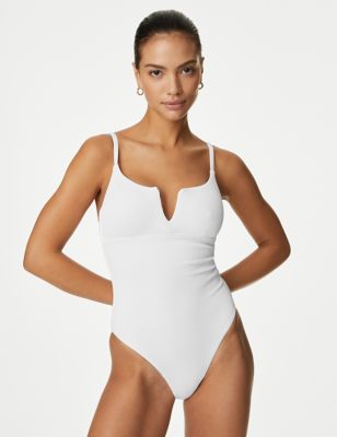 M&S Womens Tummy Control Ribbed Padded V-Neck Swimsuit - 10 - Soft White, Soft White,Navy