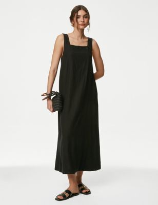 M&S Womens Linen Rich Square Neck Midaxi Dress - 10REG - Black, Black,Flame
