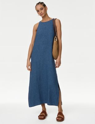 M&S Womens Linen Rich Round Neck Midi Slip Dress - 8SHT - Indigo, Indigo