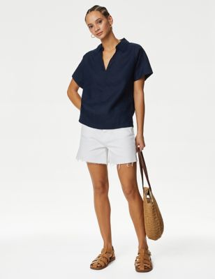 M&S Women's Pure Linen Collared Popover Blouse - 12 - Navy, Navy,White