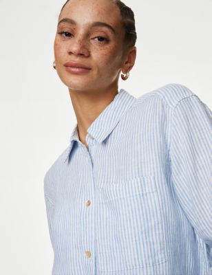 M&S Womens Pure Linen Striped Relaxed Shirt - 14 - Blue Mix, Blue Mix