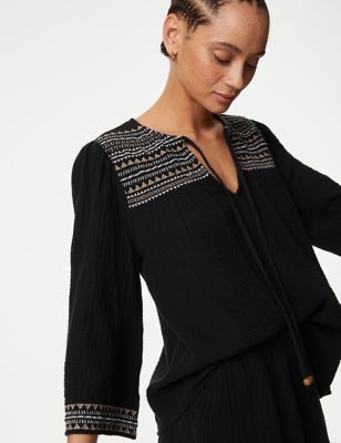 M&S Womens Pure Cotton Embroidered Beach Shirt - 10 - Black Mix, Black Mix