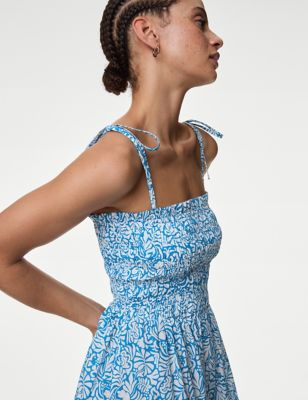 M&S Women's Pure Cotton Floral Shirred Midi Beach Dress - 12 - Bright Blue Mix, Bright Blue Mix