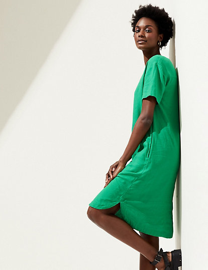 M&S Collection Linen Rich V-Neck Midi Shift Dress - 6Reg - Bright Green, Bright Green