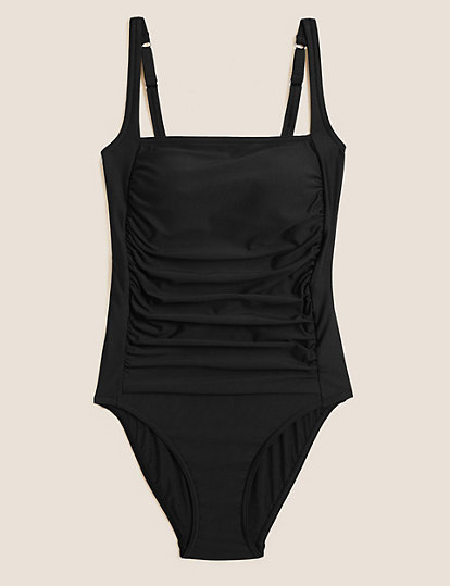 M&S Collection Tummy Control Ruched Square Neck Swimsuit - 12 - Black, Black