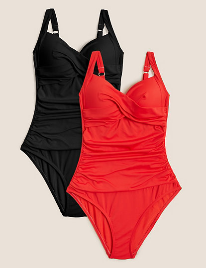 M&S Collection 2 Pack Tummy Control Plunge Swimsuits - 12 - Black Mix, Black Mix