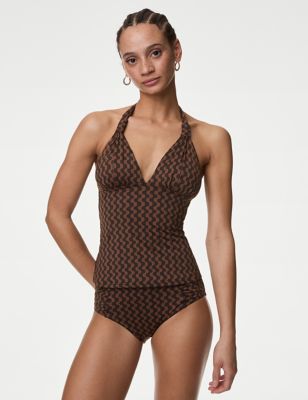 M&S Womens Tummy Control Printed Plunge Tankini Top - 18 - Brown Mix, Brown Mix