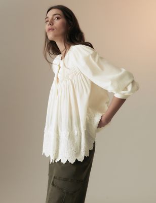 Per Una Womens Cotton Rich Lace Detail Blouse - 12 - Ecru, Ecru